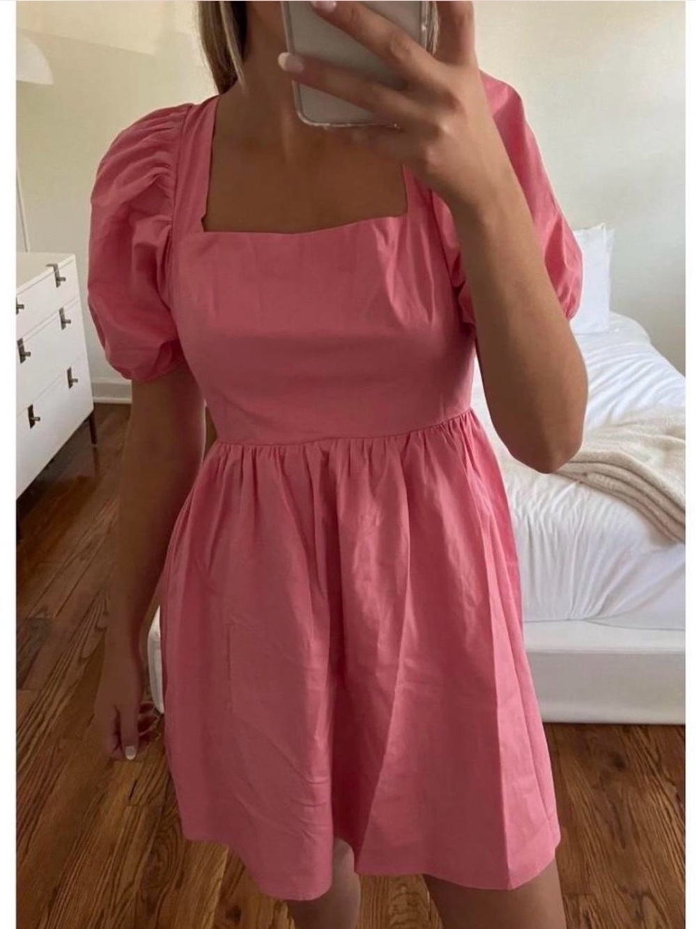 WAYF Pink Puff Sleeve Square Neck Mini Dress Sz M